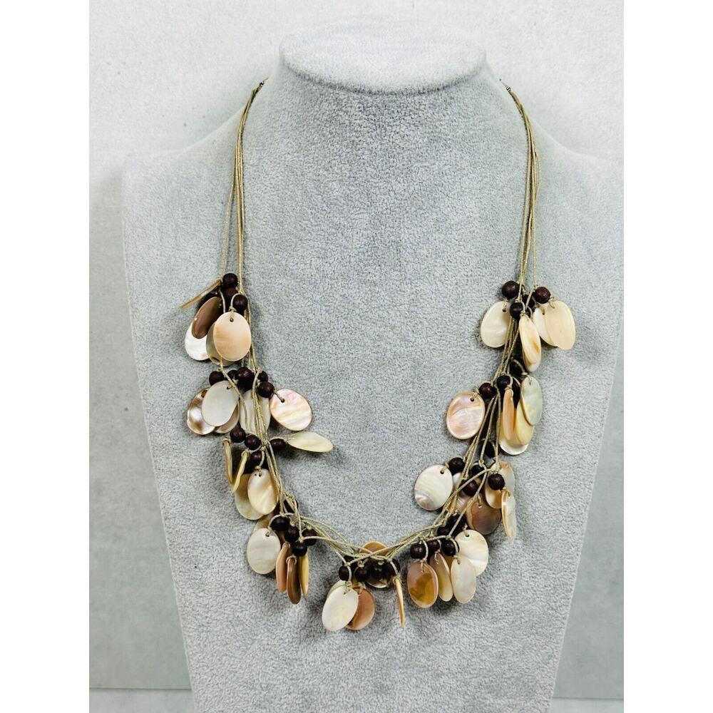 Chicos Necklace Layered Beaded Fringe Abalone Cord Chain 24" Costume Jewelry